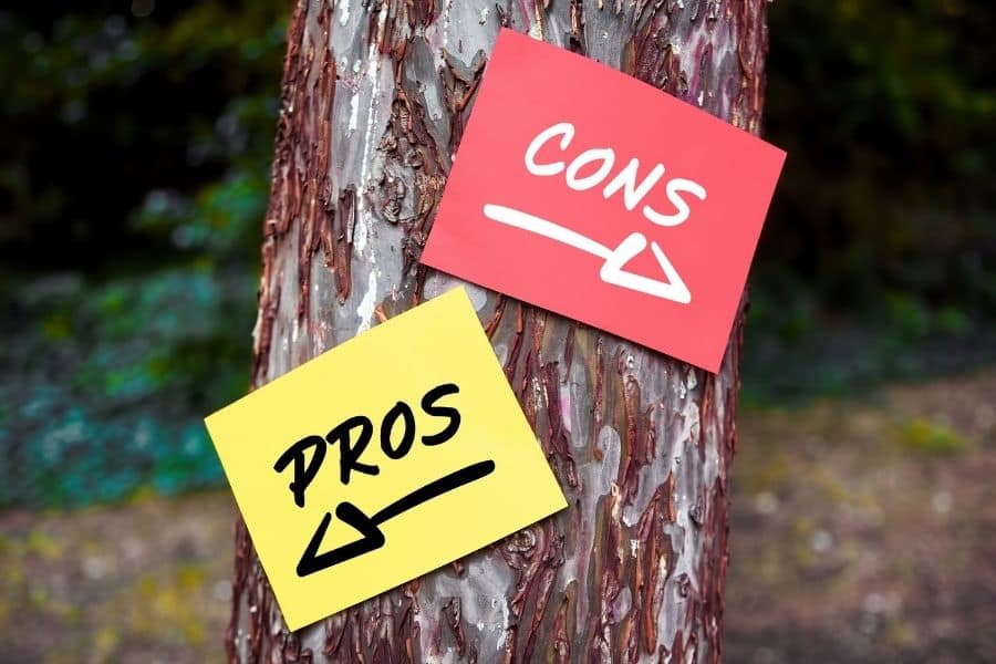 Pros and cons words written on papers on a tree with arrow signs. Deciding or analyzing between pros and cons.