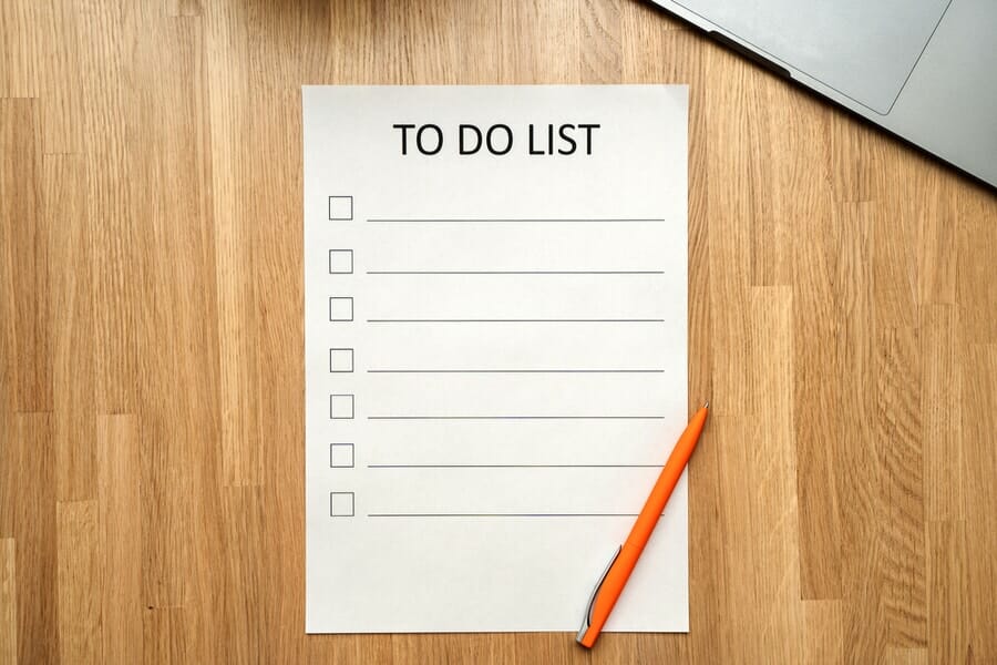 A check list or a "To do list" form with checkboxes lies on a wooden desk in the office with a laptop