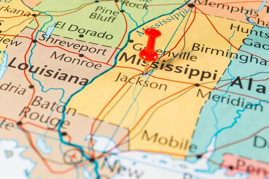 Detailed map shows the US state of Mississippi
