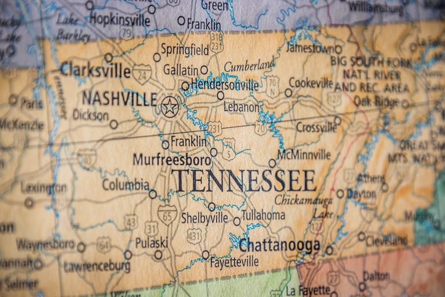 close up map of tennessee