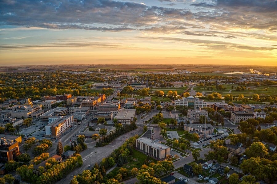 aerial view of a sunrise over north dakota downtown