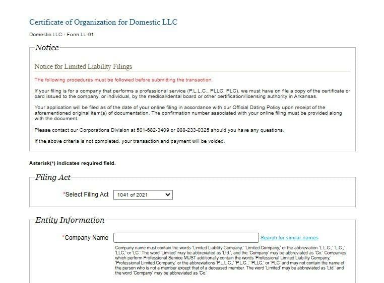 Certificate of Organization for LLC