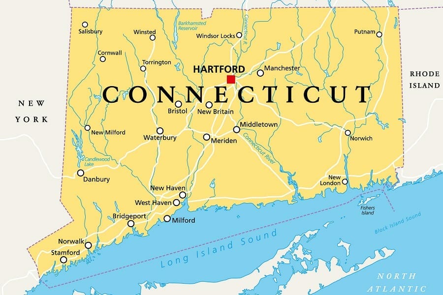 closeup view map of connecticut, usa