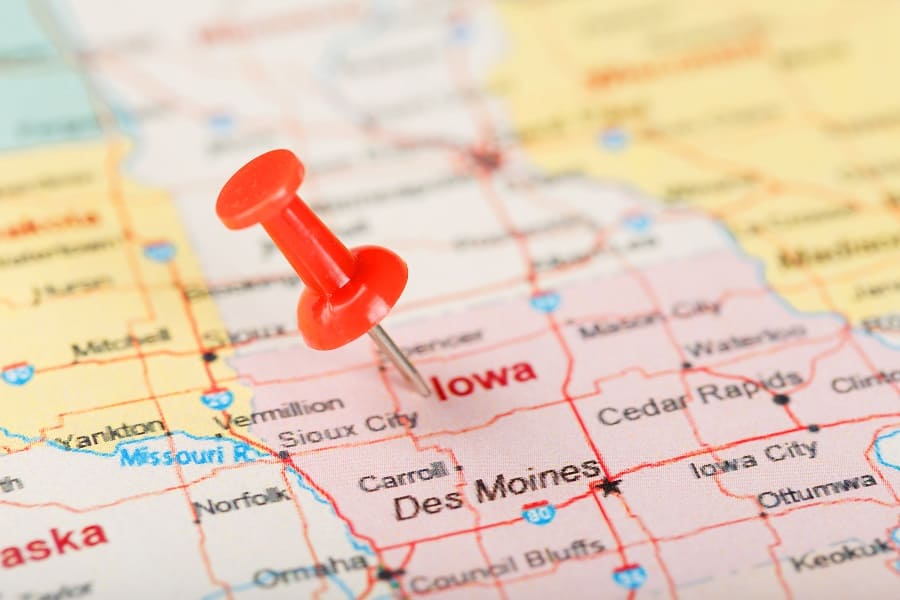 closeup view map of iowa, usa