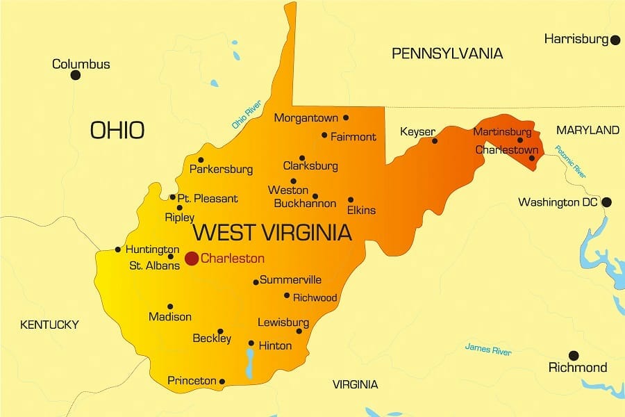 closeup view map of west virginia state, usa