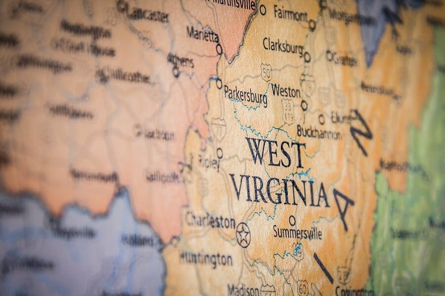 closeup view of west virginia state map of the usa