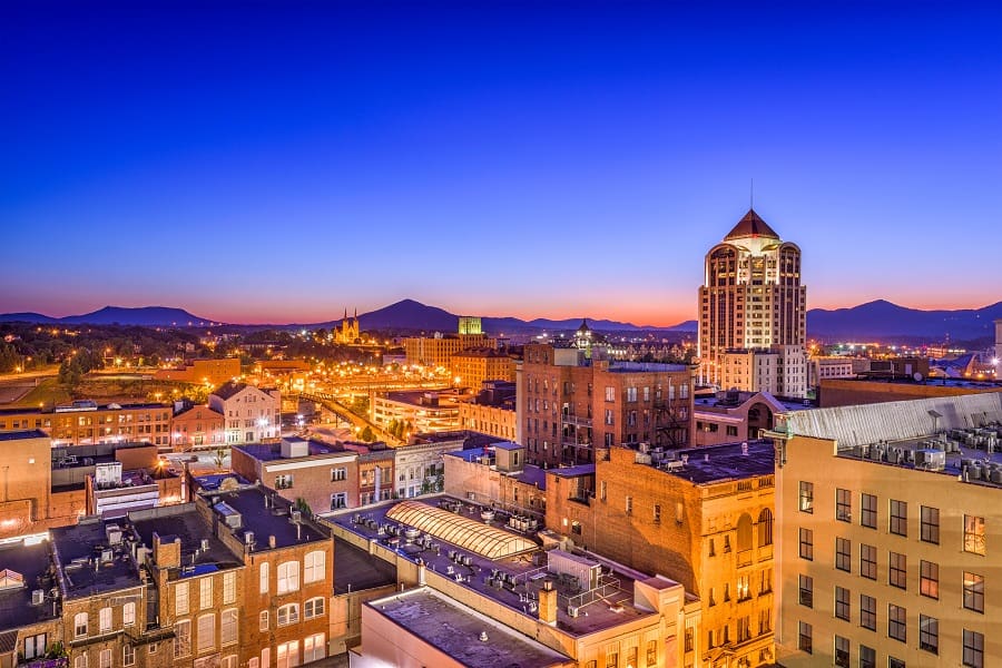 view of downtown skyline at dawn in virginia, usa