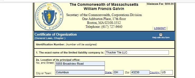 Certificate of Organization Document Massachusetts