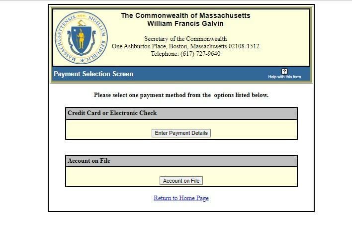 File Certificate of Organization Massachusetts - Payment Details