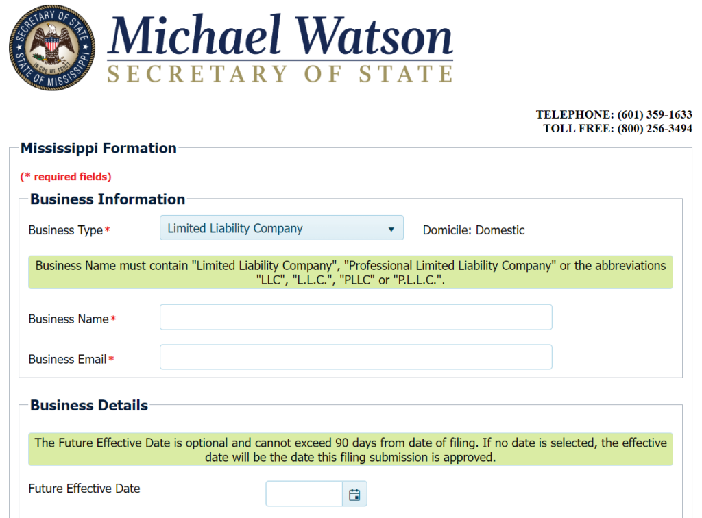 Certificate of Formation in Mississippi online filing form