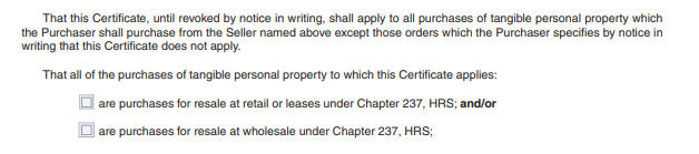 Hawaii Certificate of Resale Form