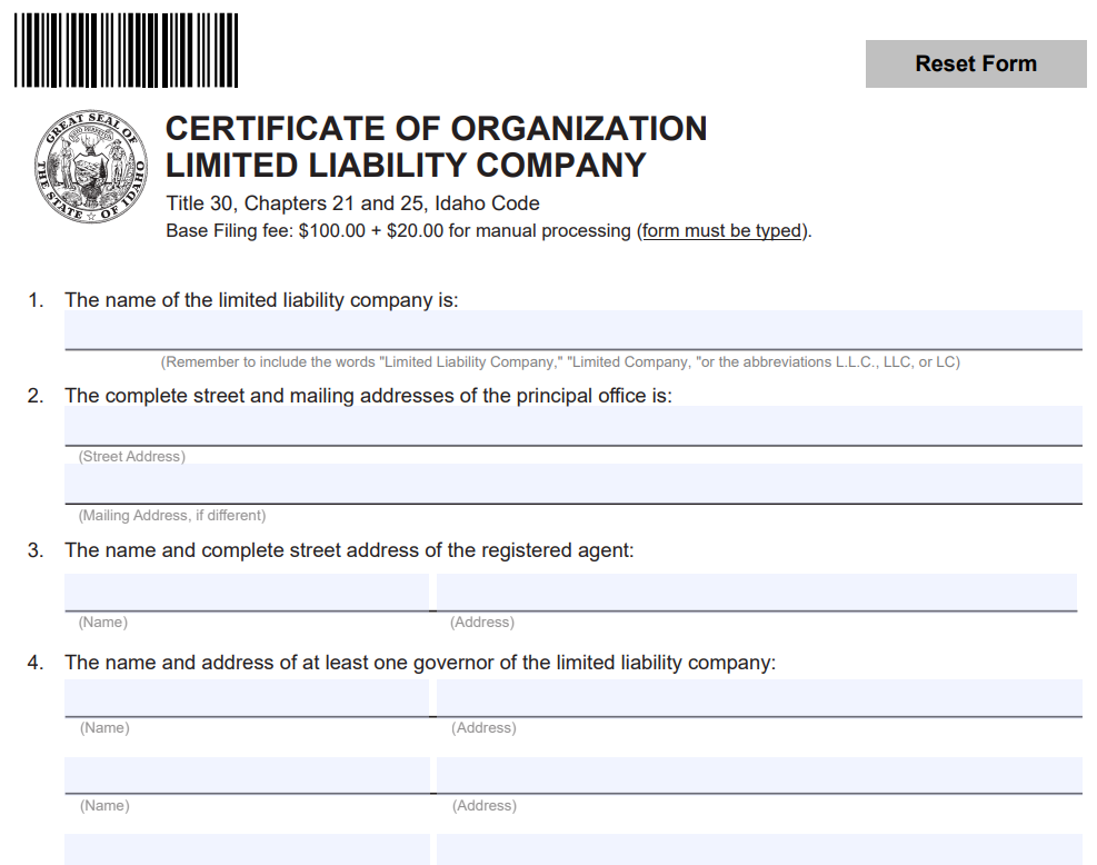 Certificate of Organization in Idaho online form
