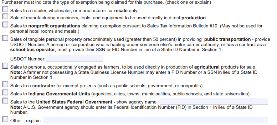 Indiana Sales Tax Exemption Certificate Form