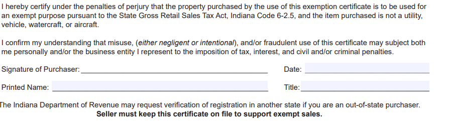 Indiana Sales Tax Exemption Certificate Form