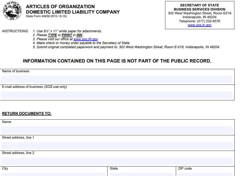 Filing Articles of Organization in Indiana for LLC via Online Form