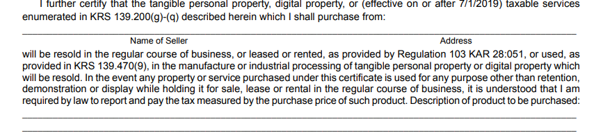 Kentucky Certificate of Resale Form