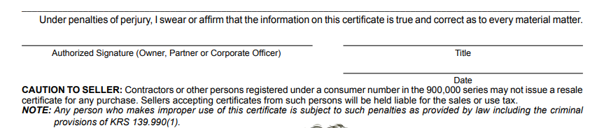 Kentucky Certificate of Resale Form