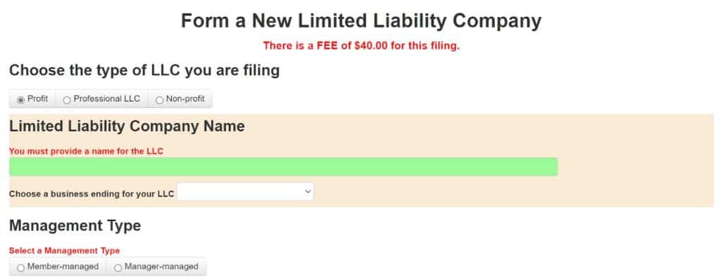 Kentucky’s page to form a new LLC