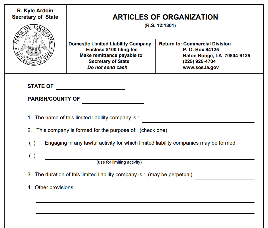 Articles of Organization in Louisiana filing form
