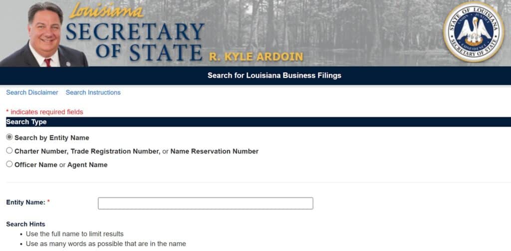 Louisiana Business Entity Search Form