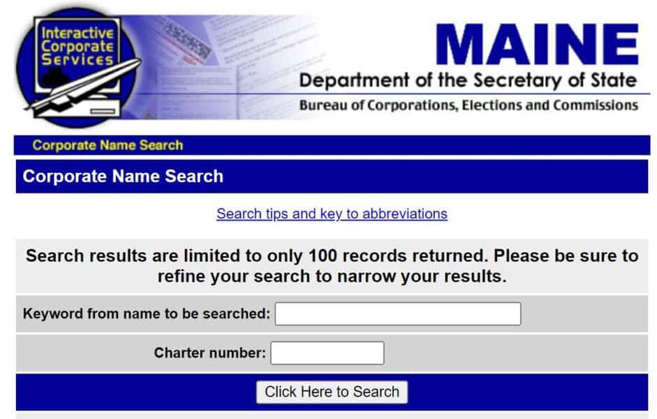 Maine Business Entity Search Form