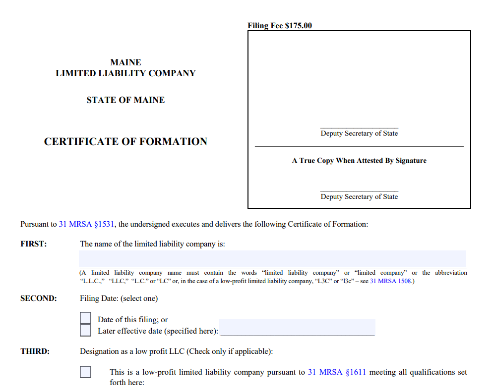 Certificate of Formation in Maine filing form for LLC