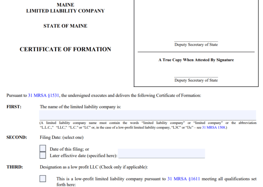 Maine’s certificate of formation form