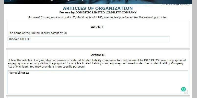 Articles of Organization in Michigan for LLC