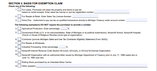 Michigan Sales and Use Tax Certificate of Exemption Form