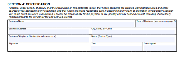 Michigan Sales and Use Tax Certificate of Exemption Form