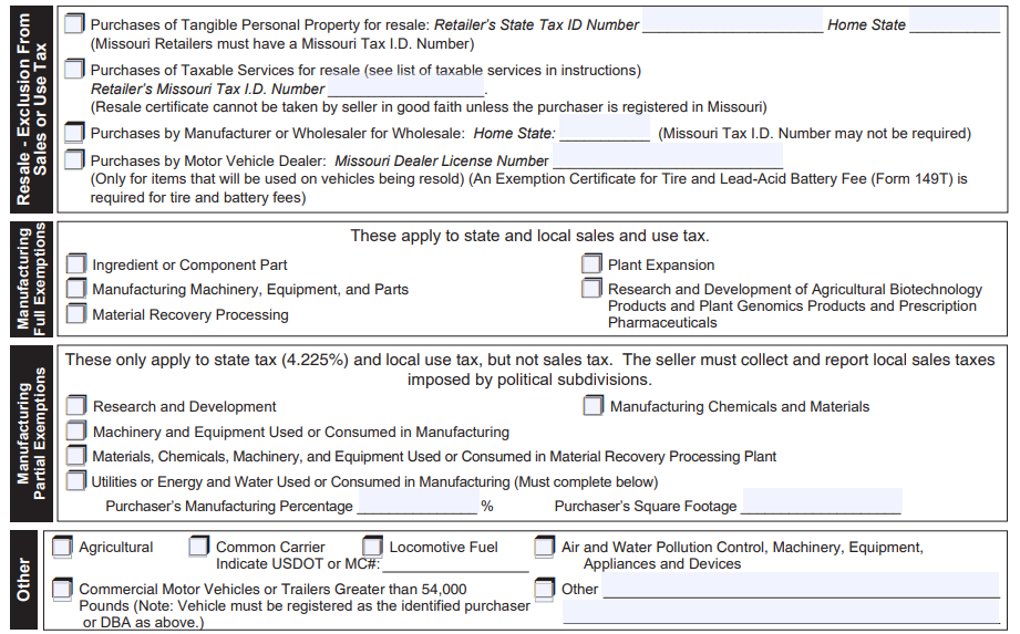 Missouri Exemption Certificate Form