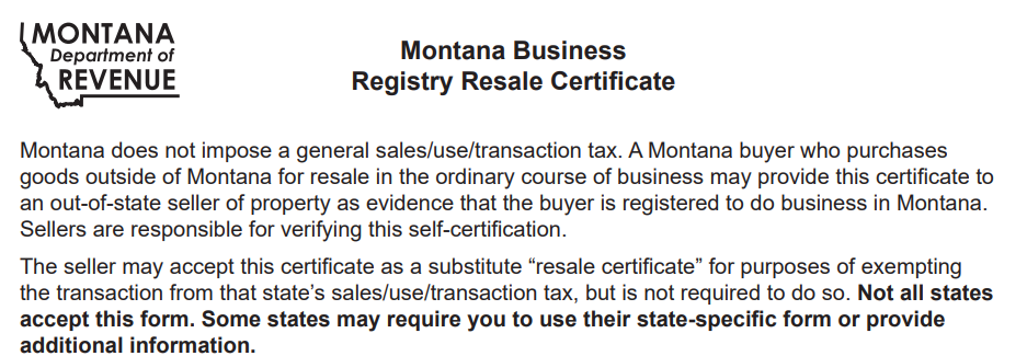 Montana Business Registry Resale Certificate