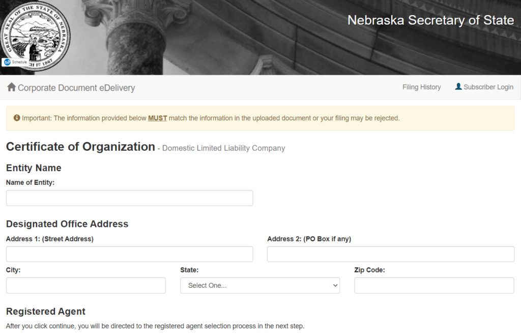 Certificate of Organization in Nebraska Online Form