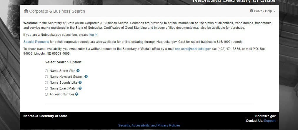 Nebraska Business Entity Search Form