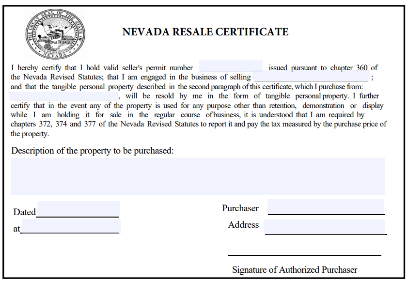 Nevada Resale Certificate Form