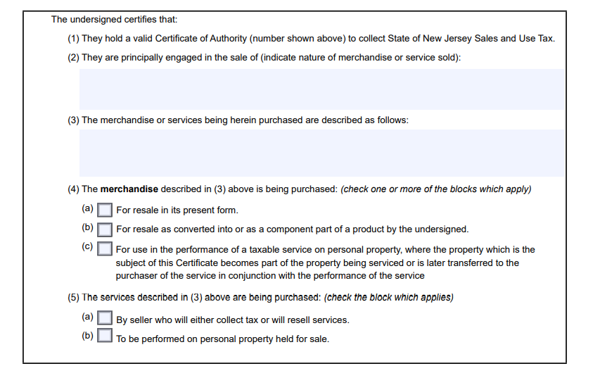 New Jersey Resale Certificate Form