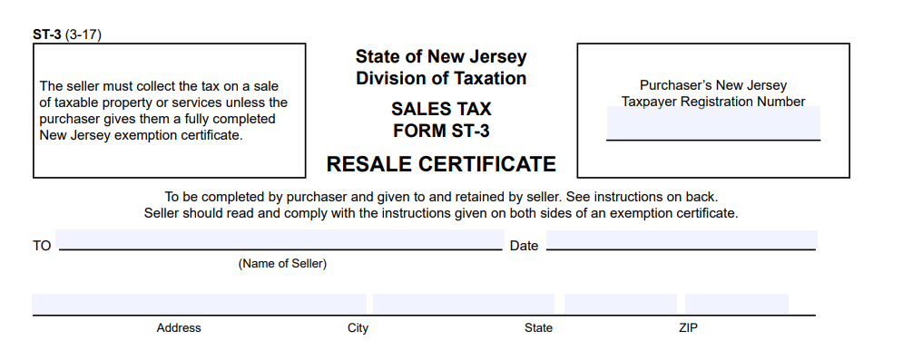 New Jersey Resale Certificate Form