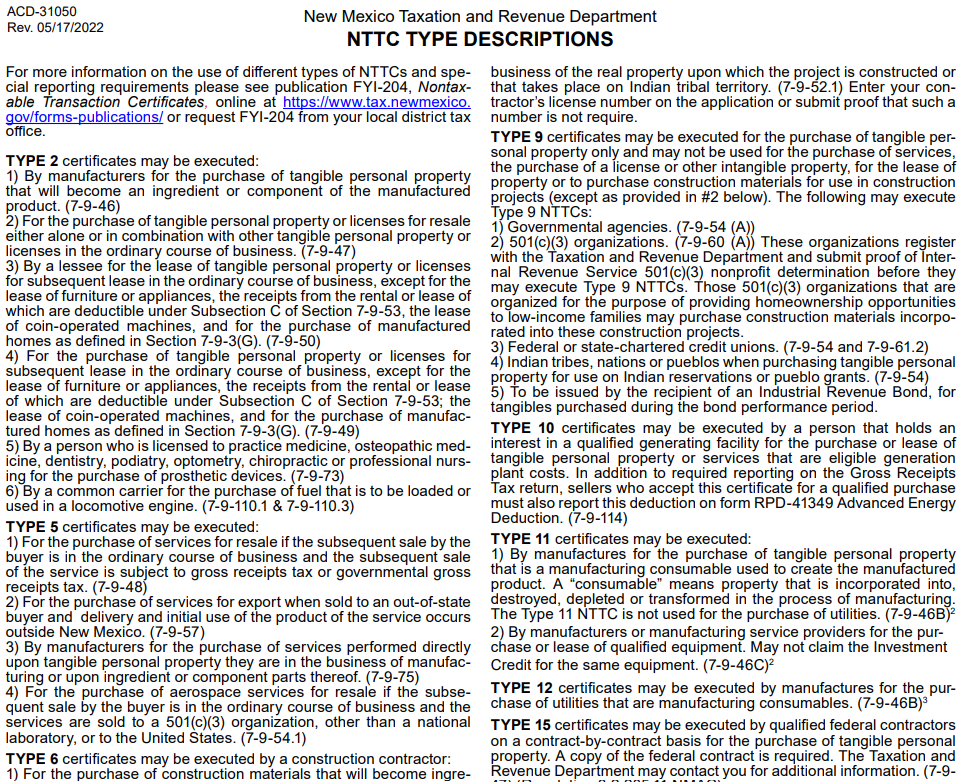 New Mexico Non-Taxable Transaction Certificate Type Descriptions