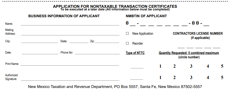  New Mexico Non-Taxable Transaction Certificate Form