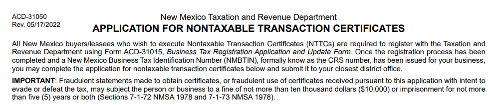  New Mexico Non-Taxable Transaction Certificate