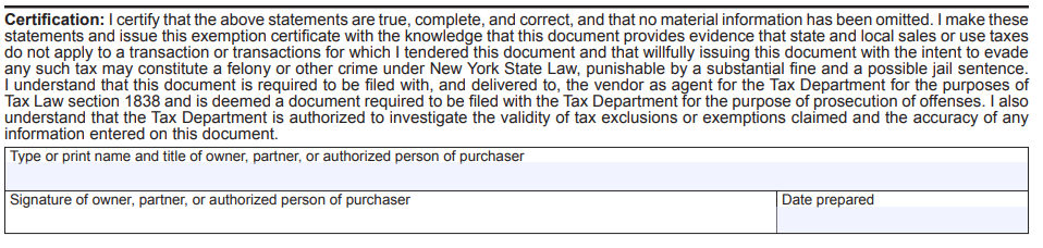 New York Resale Certificate Form