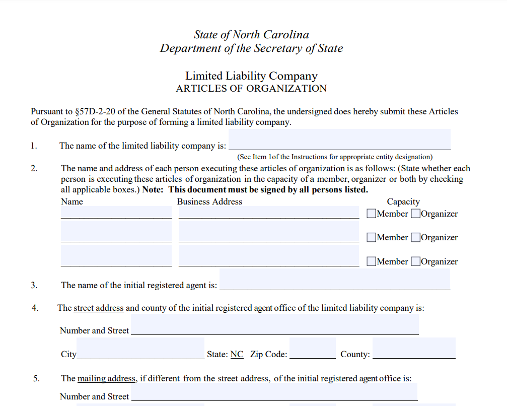 Articles of Organization in North Carolina for LLC Filing Form