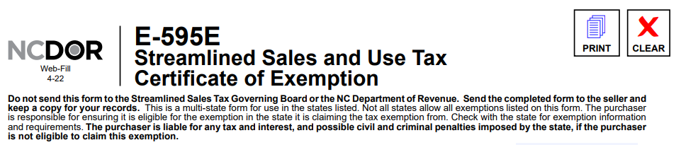  North Carolina Certificate of Exemption