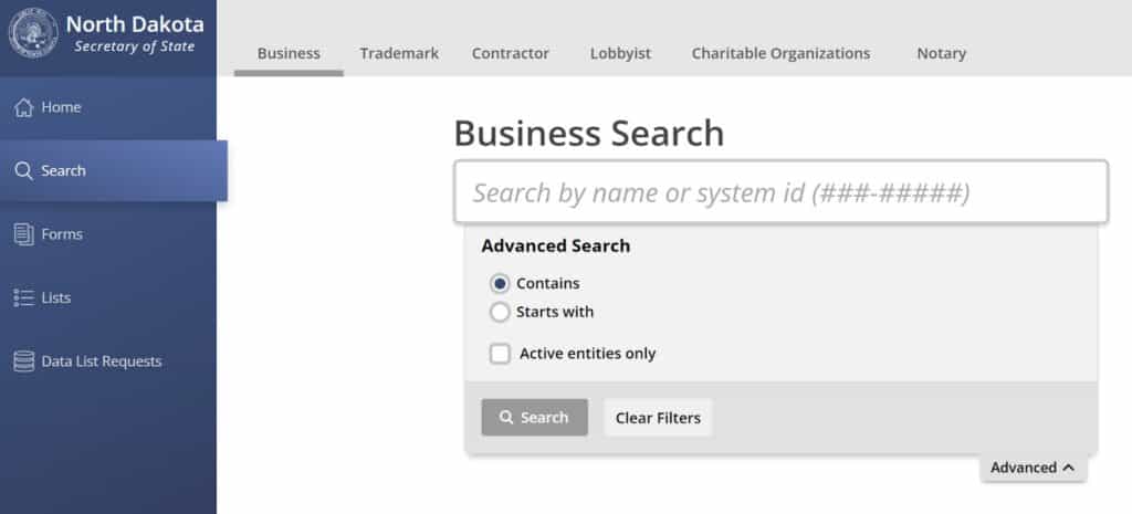 North Dakota Business Entity Search Form