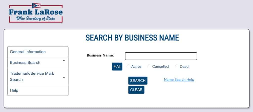 Ohio Business Entity Search Form