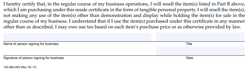 Oregon Resale Certificate Form