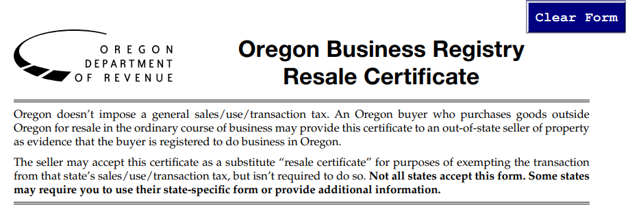 Oregon Business Registry Resale Certificate