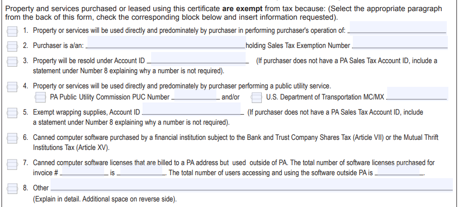 Pennsylvania Exemption Certificate Form