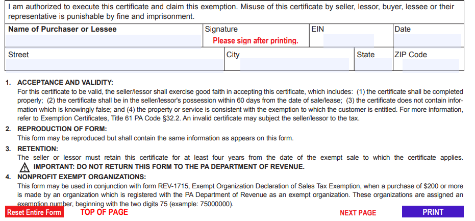 Pennsylvania Exemption Certificate Form
