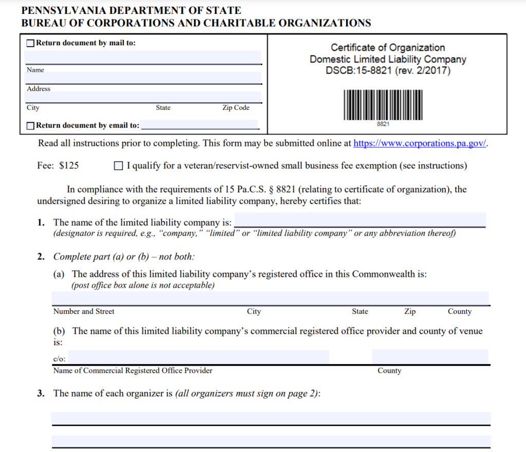 Certificate of Organization in Pennsylvania Filing Form